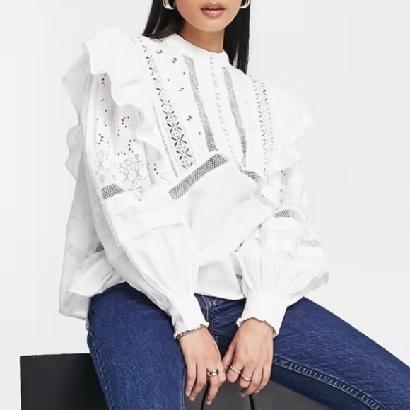 Allsaints Prim Broderie Lace Top in White - Picture 1 of 12